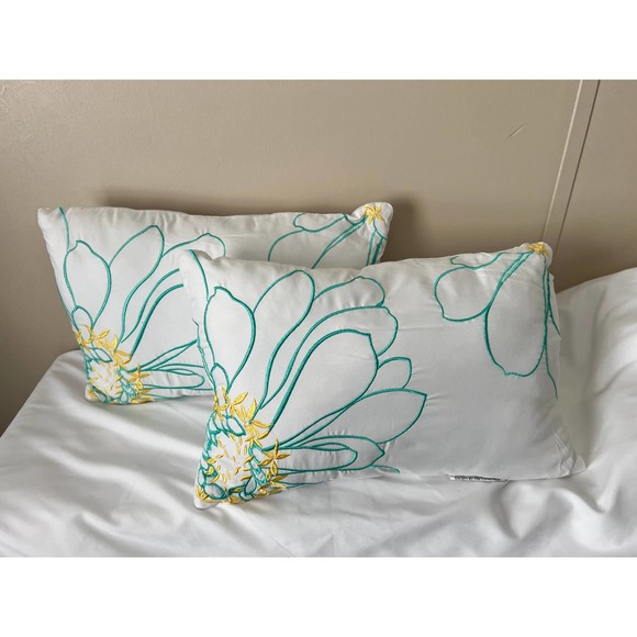 Intelligent Design Pillows White‎ with Floral Aqua and Yellow Embroidery - Picture 2 of 5
